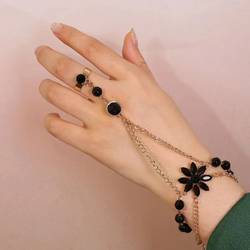 Edles Schwarzes Zirkon-Blumen-Verbindungsring-Armband für Damen, Rot-Grüne Blumen-Gliederkette, Party-Schmuck – Detail 6