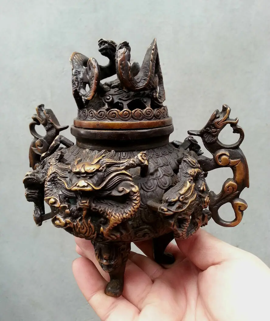 

collectable antique Bronze China lucky 9 dragon Statue Incense Burners