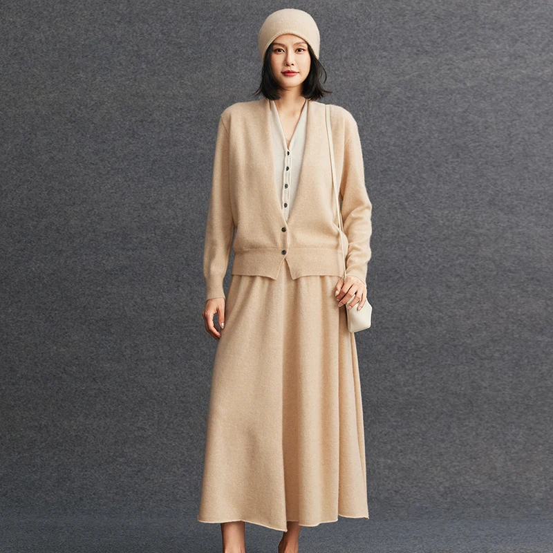 

Women's matching set 100% cashmere knitted fake two-piece color blocked cardigan loose high waisted skirt two-piece set