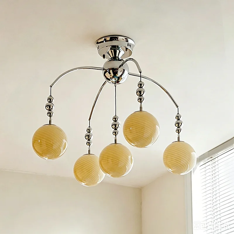 Modern Nordic Glass Metal Chandelier With Round Pink Cream Yellow Pendant Light Living Room Bedroom Dining Room Home Decor Lamp
