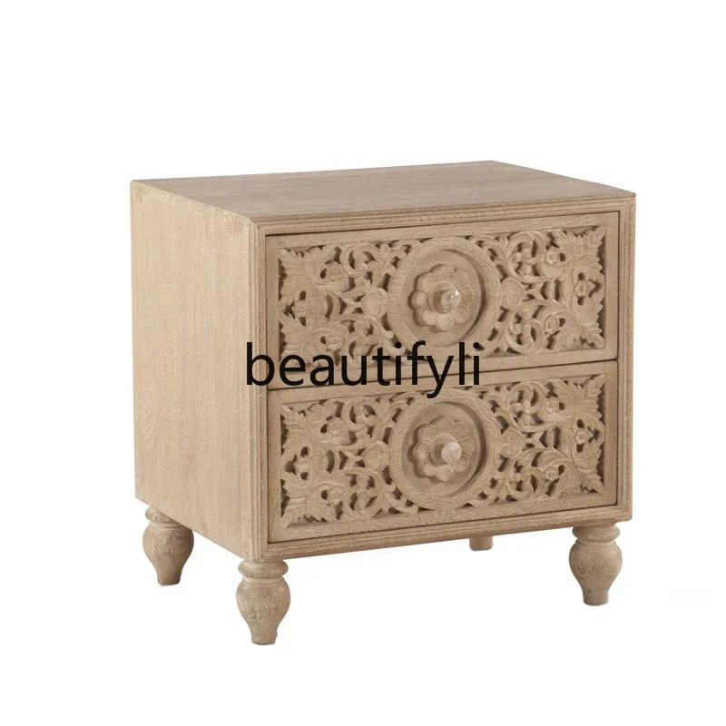 French retro hand-carved bedside table solid wood chest of drawers locker