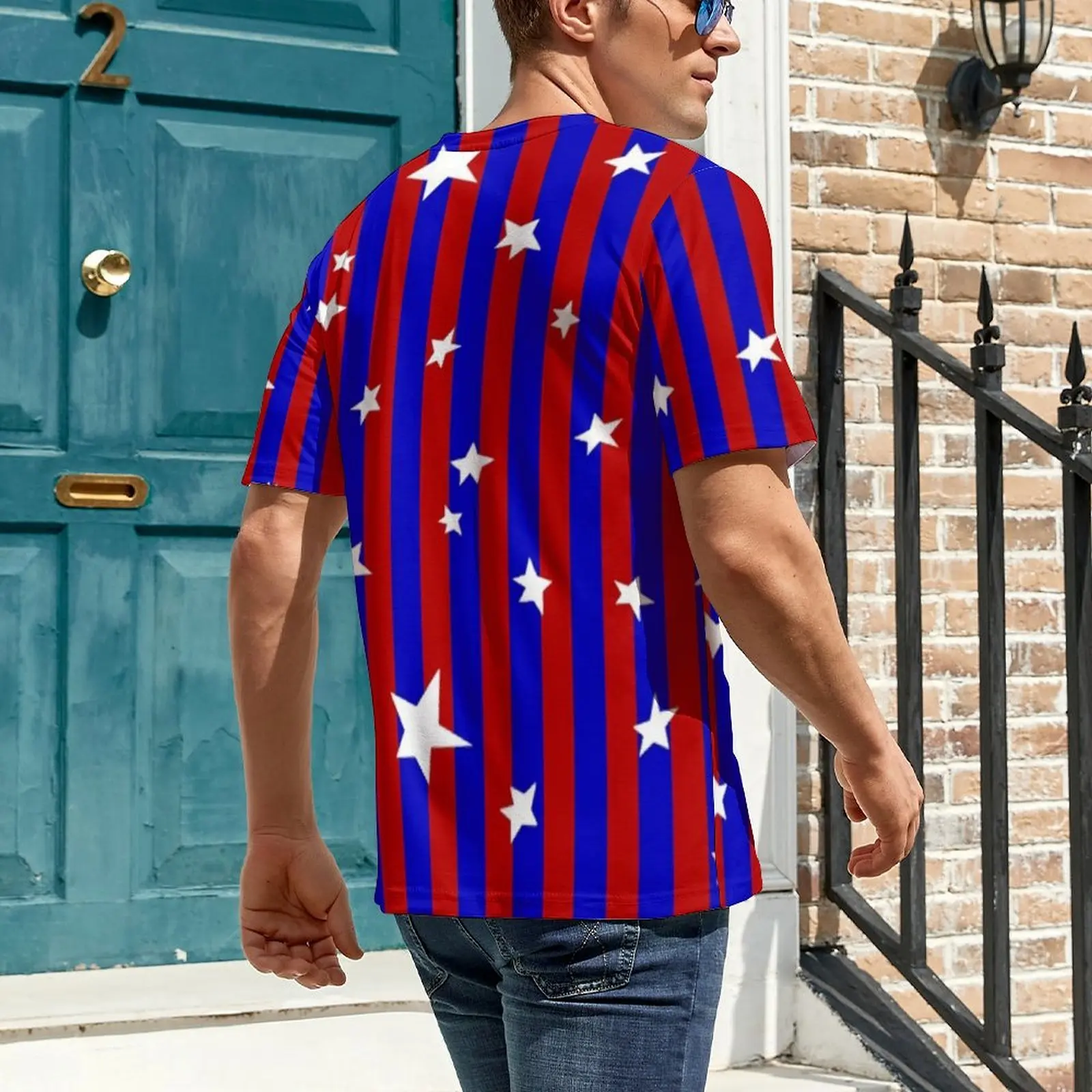 Man Blue And Red Striped T Shirt Stars Print Fashion T Shirts Short Sleeve Design Tops Cheap Summer Funny Oversized Tees
