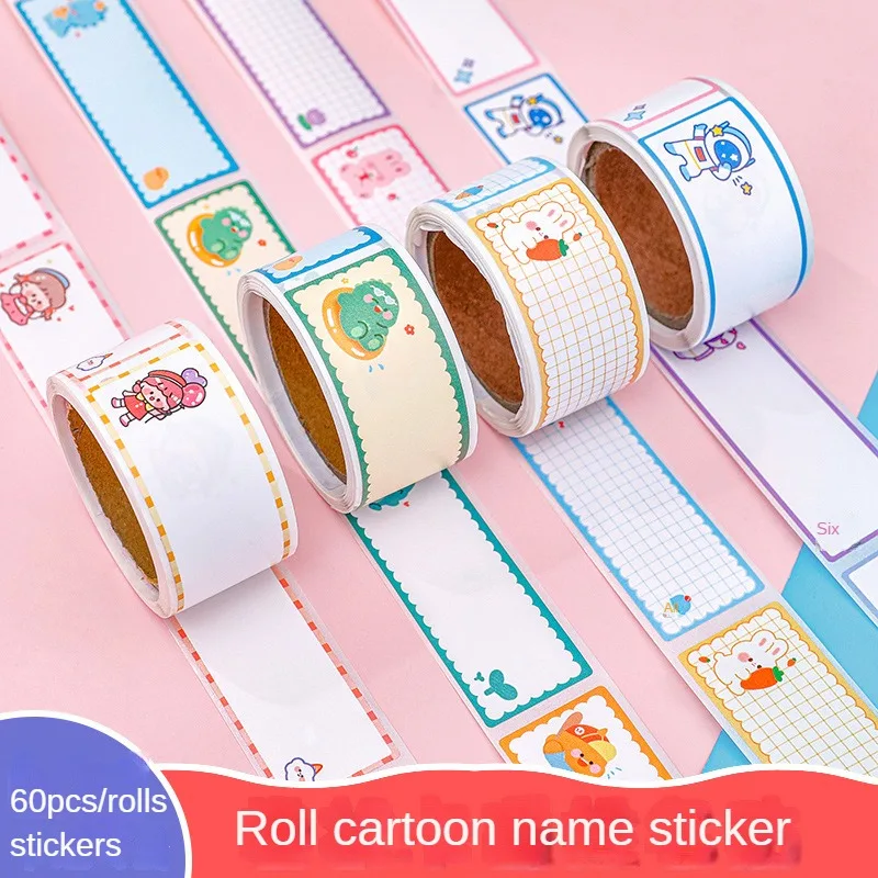 60Pcs/Rolls Tape Name Tag Stickers Children School Stationery Water Bottle Kawaii Message Index Labels Sticky Sticker for Kids