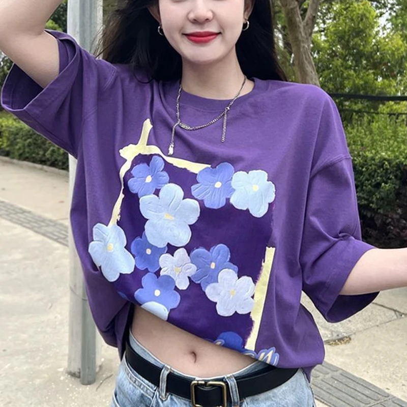 

High Street Short Sleeve Printing Loose All-match T Shirts O-neck Fashion Youth Purple Tops Trend Harajuku Korean Women Clothing