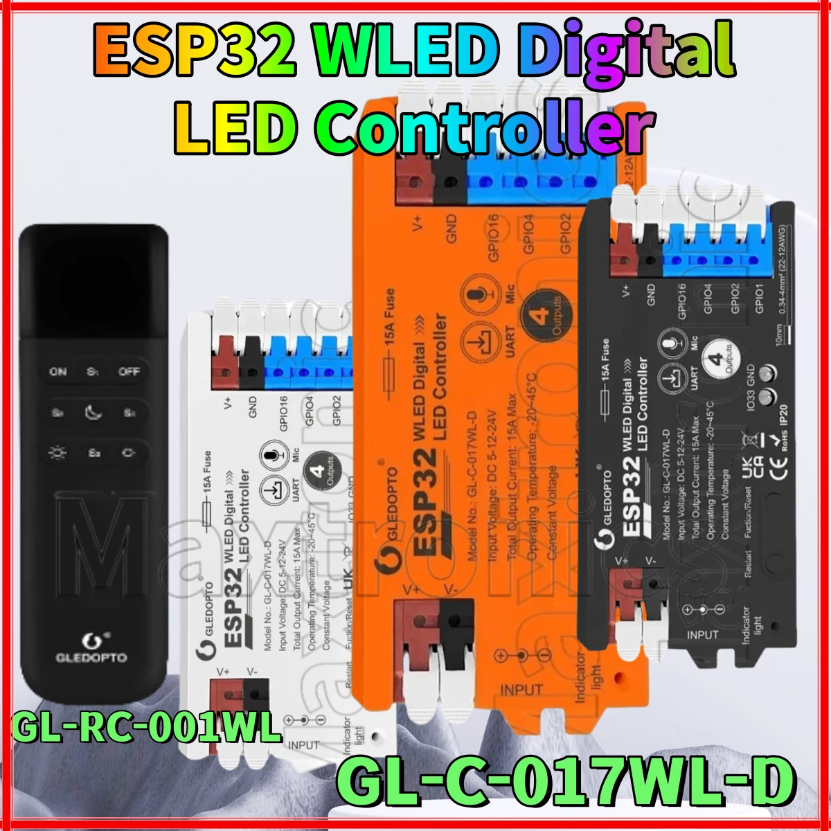 GL-C-017WL-D GLEDOPTO ESP32 WLED Digital LED Controller Microphone Function Type-C TI levelShifter IC LED Strip DIY Dynamic Work