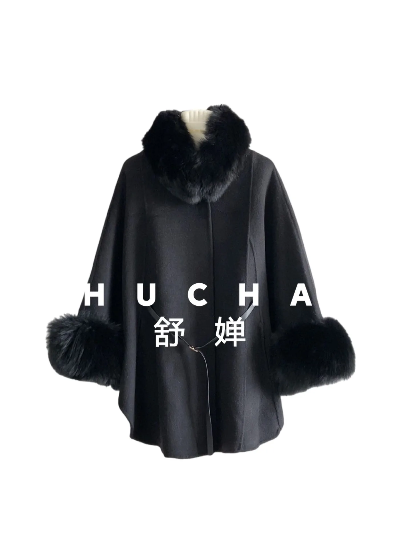 

70% Wool Black Coat Cape Free Belt Fox Collar Coat Wool Double-sided Coat Woman Casacos Femininos Inverno 2025