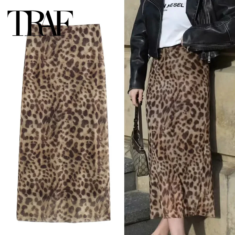 TRAF Leopard Print Midi Skirt Woman Tulle High Waist Long Skirts For Women 2024 Summer Vintage Mesh Skirt Elegant Women's Skits