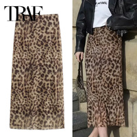 TRAF Leopard Print Midi Skirt Woman Tulle High Waist Long Skirts For Women 2024 Summer Vintage Mesh Skirt Elegant Women's Skits