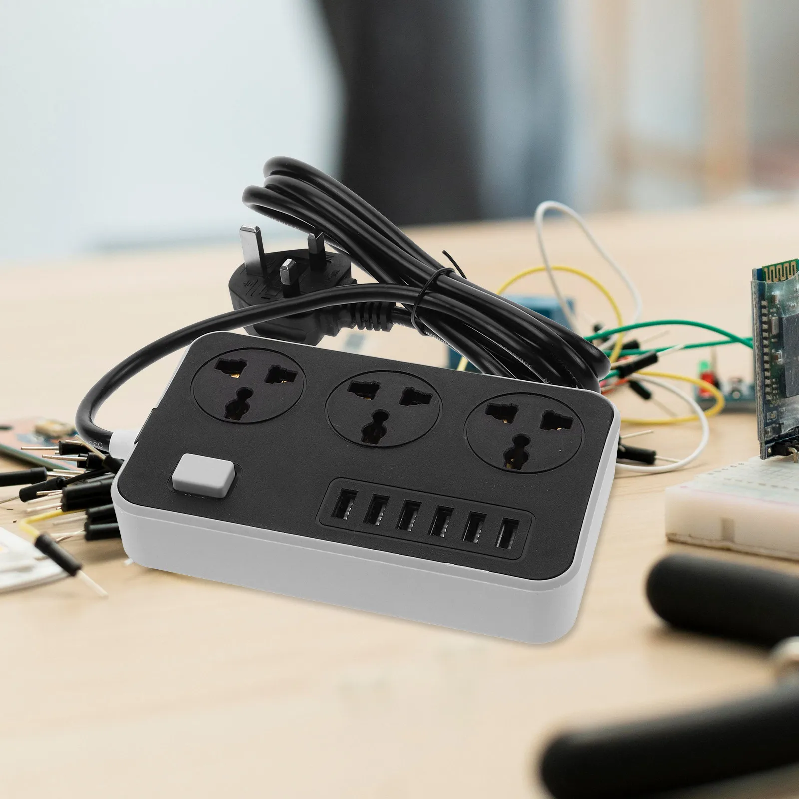 Portable Power Strip Board 3 Ac Sockets 4 USB Charging Ports Overload Protection Stable Vertical Stand Long Cable for Travel