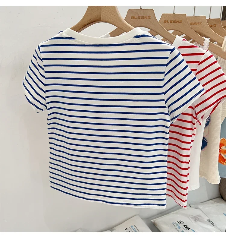 Gestreiftes Kurzarm-Damen-T-Shirt 2026 Sommer Neuheit Baumwolle Lässig Vielseitig Schlanke Passform Modische Oberteile Farbblock-Shirt – Detail 5