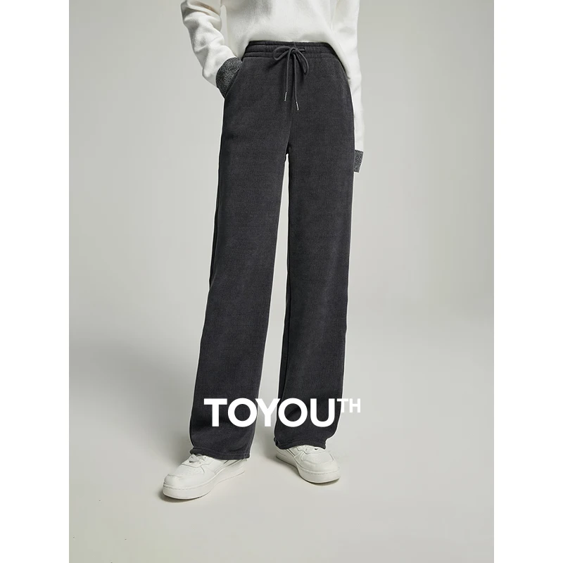 Toyouth Women Plush Thicken Sweatpant 2024 Winter Drawstring Waist Straight Loose Wide-leg Trousers Comfort Soft Casual Pants