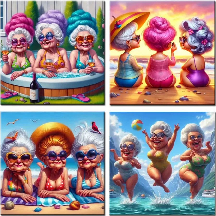 Cute Old Lady Swimsuit Holiday Style 5D DIY Diamond Painting New 2024 Full Square Round Diamond Mosaic Home Decoration