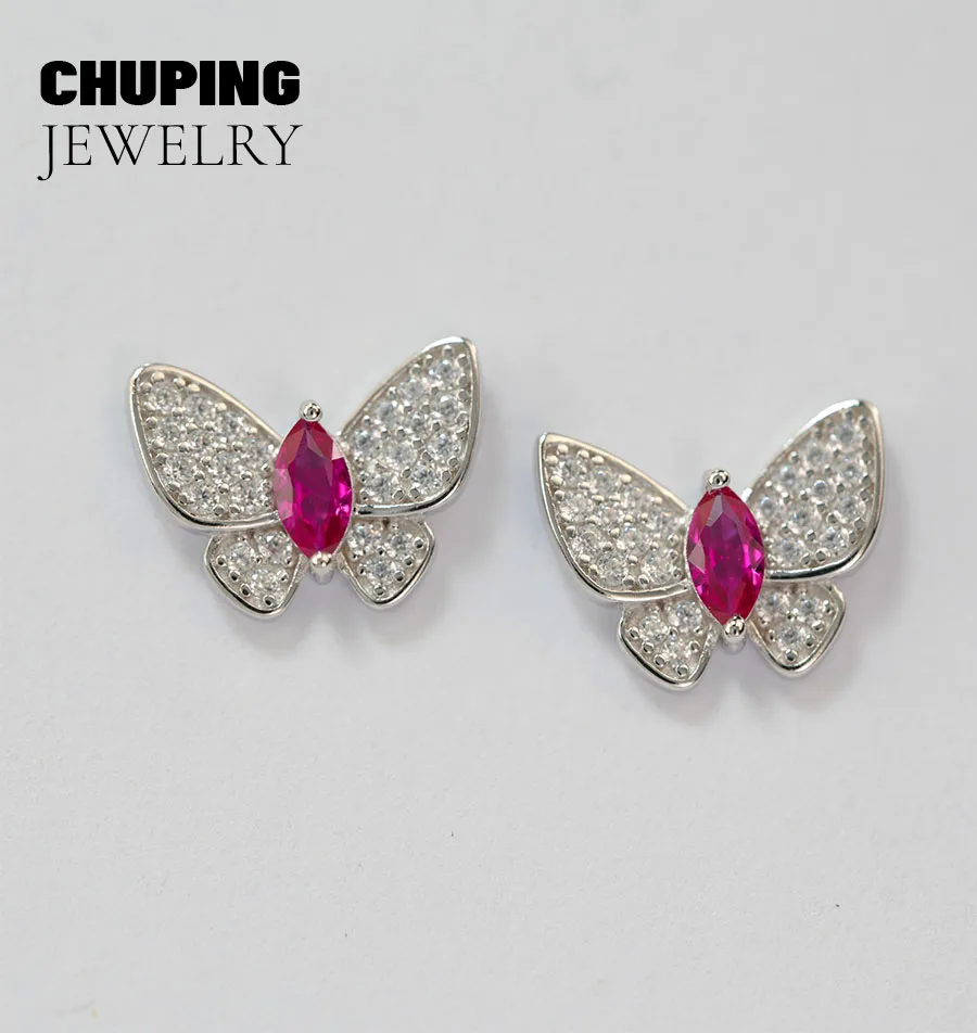 

Chu Ping Fine Jewelry Lab Рубин, Сапфир, Изумрудный MarquiseCut 2,5*5 мм S925 Серьги в форме бабочки для подарка на день рождения или юбилей