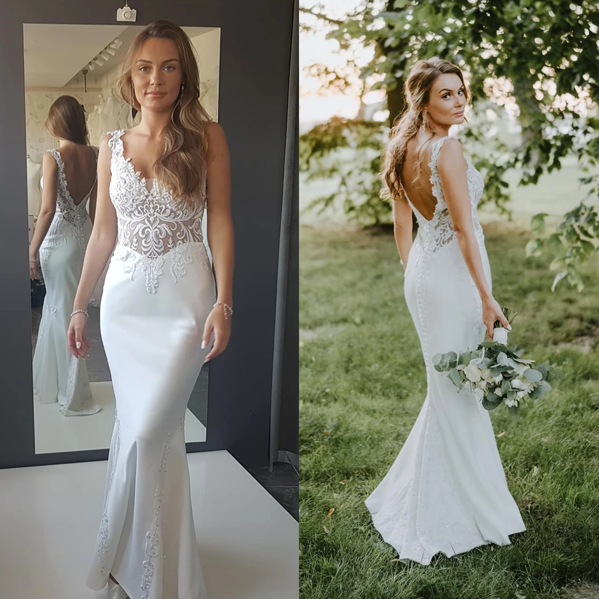 Vestido De novia De sirena con tirantes y espalda descubierta, vestido Apliques De encaje De boda con cuello en V, ilusión De verano, tren De barrido, 2023