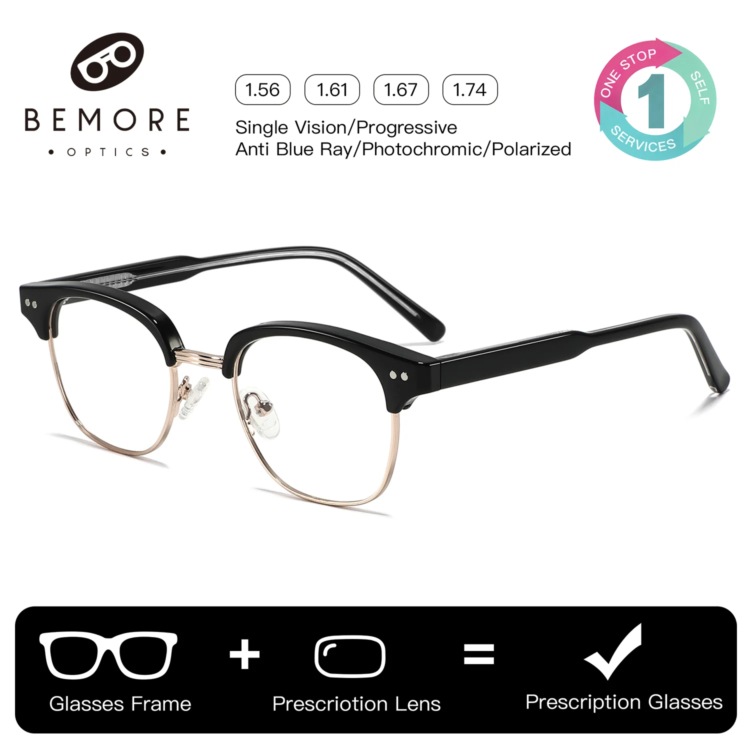 BEMORE Square Prescription Lenses and Frames Unisex Photochromic Anti-Blue Light TR90 Men's Medical Glasses