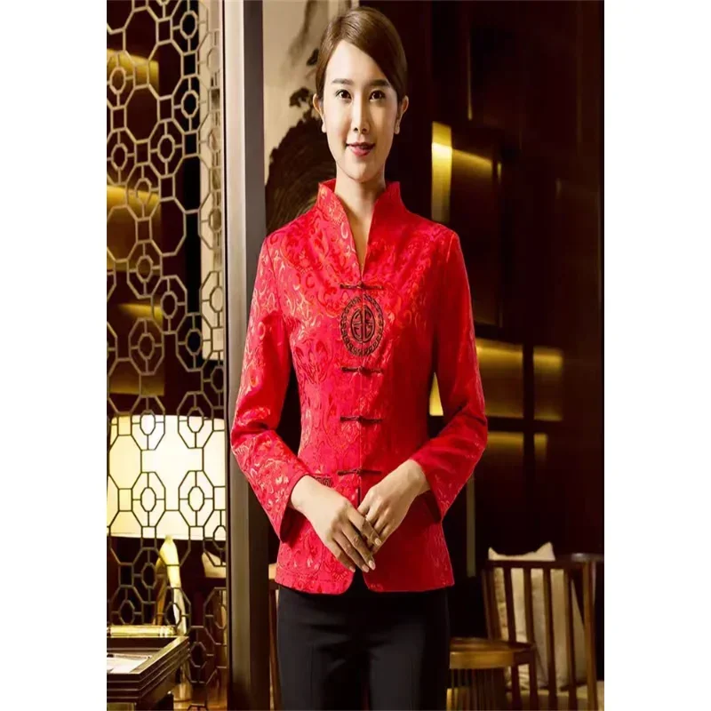 Chinese ethnic style Tang suit waiter long short-sleeved hotel overalls autumn and summer hotel restaurant tea art 1 piece