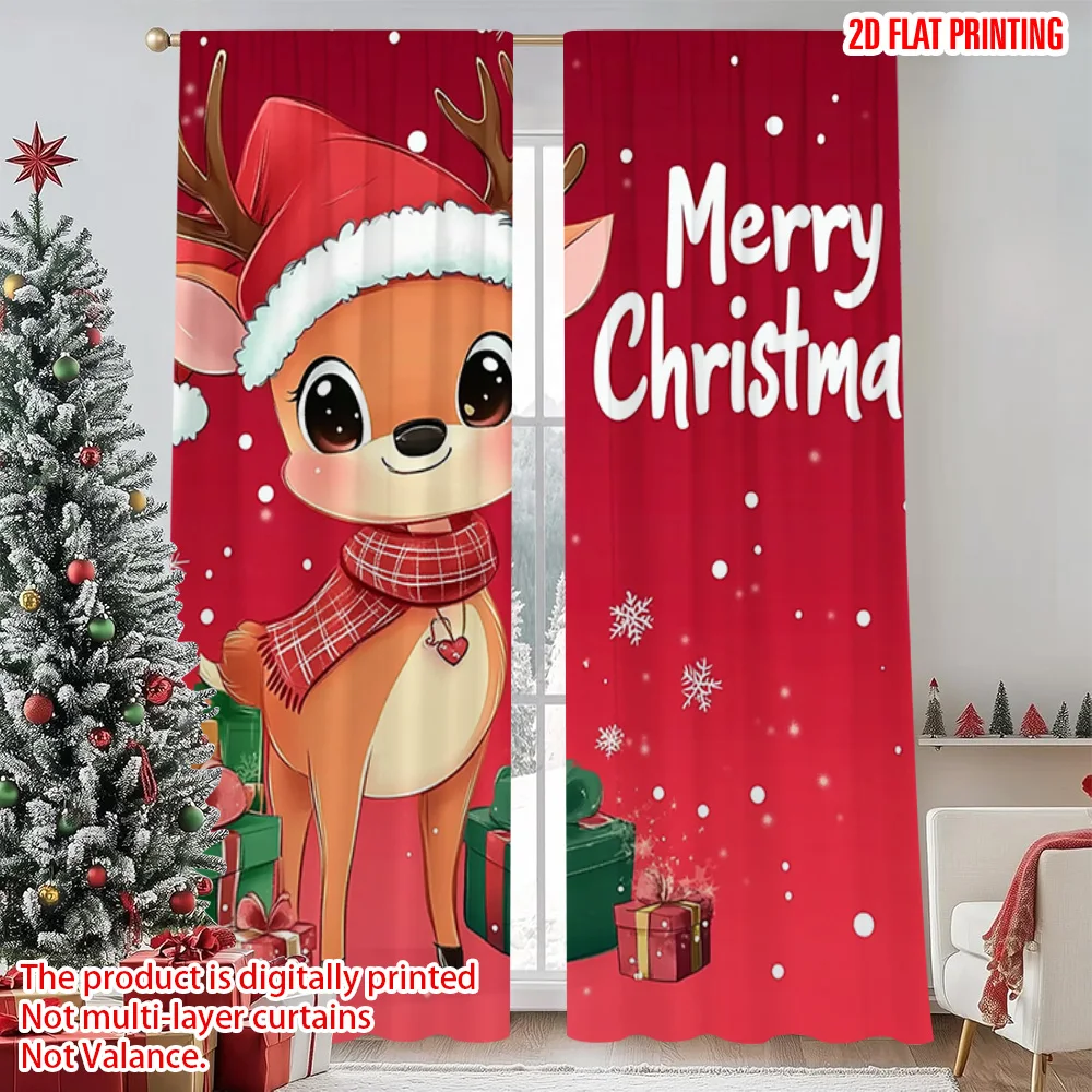 

2pcs 2D flat printing Merry Christmas Scene Curtains Christmas cute deer Durable Polyester Without Electricity Holiday