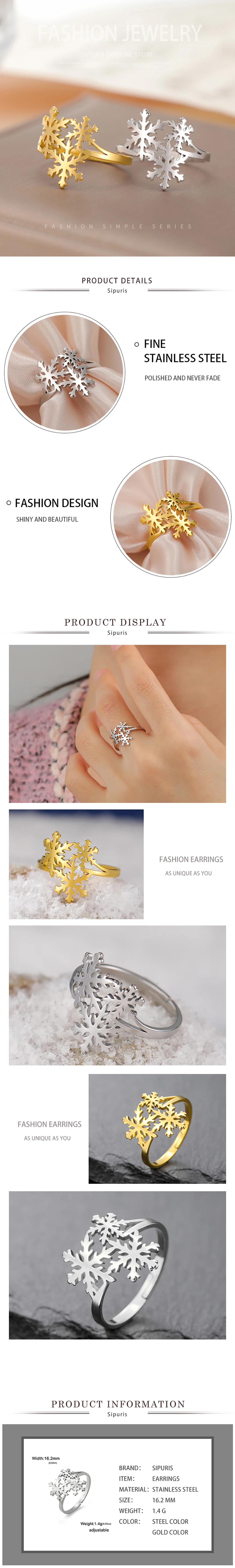 Sipuris Schneeflocken Verstellbare Ringe für Frauen Edelstahl Runder Niedlicher Charm-Ring Schmuck Weihnachtsgeschenke Großhandel – Detail 3