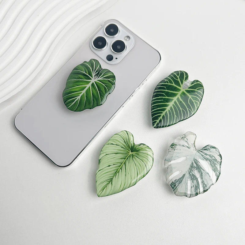 New Resin Leaf Phone Stand Tropical Plant Leaves Phone Socket Talk Grip Foldable Retractable Lazy Stand For IPhone 16