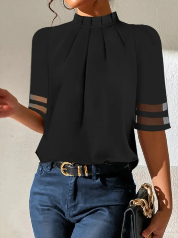 Women\'s Fashion Black Short-sleeved Shirt Ladies Elegant Casual Turtleneck Top Simple Shirts Women Clothes Summer New 2025