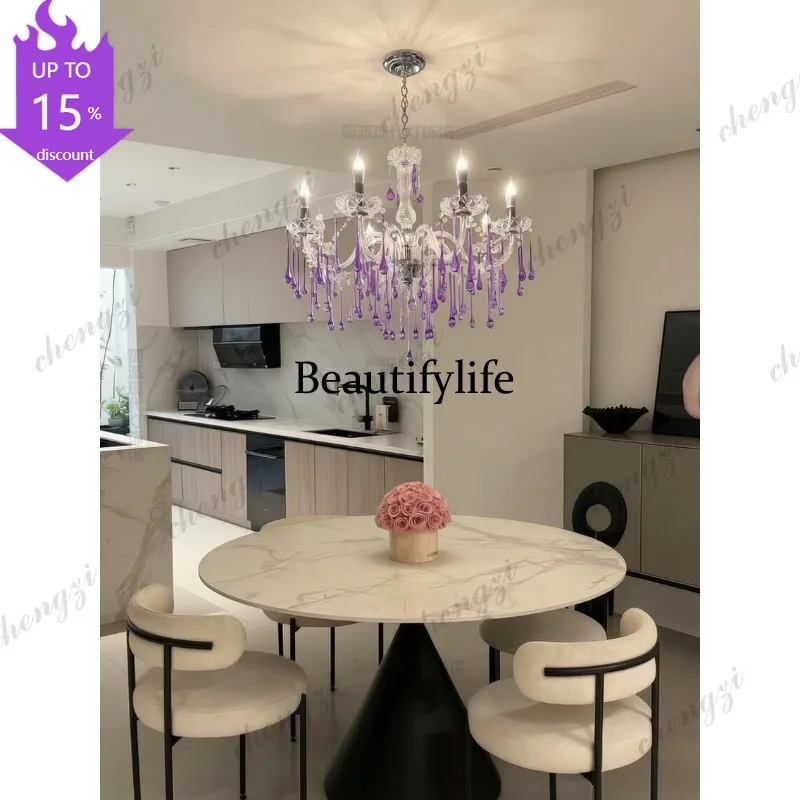 EE Light luxury purple water drop chandelier French cream wind round table dining living room European villa lamps