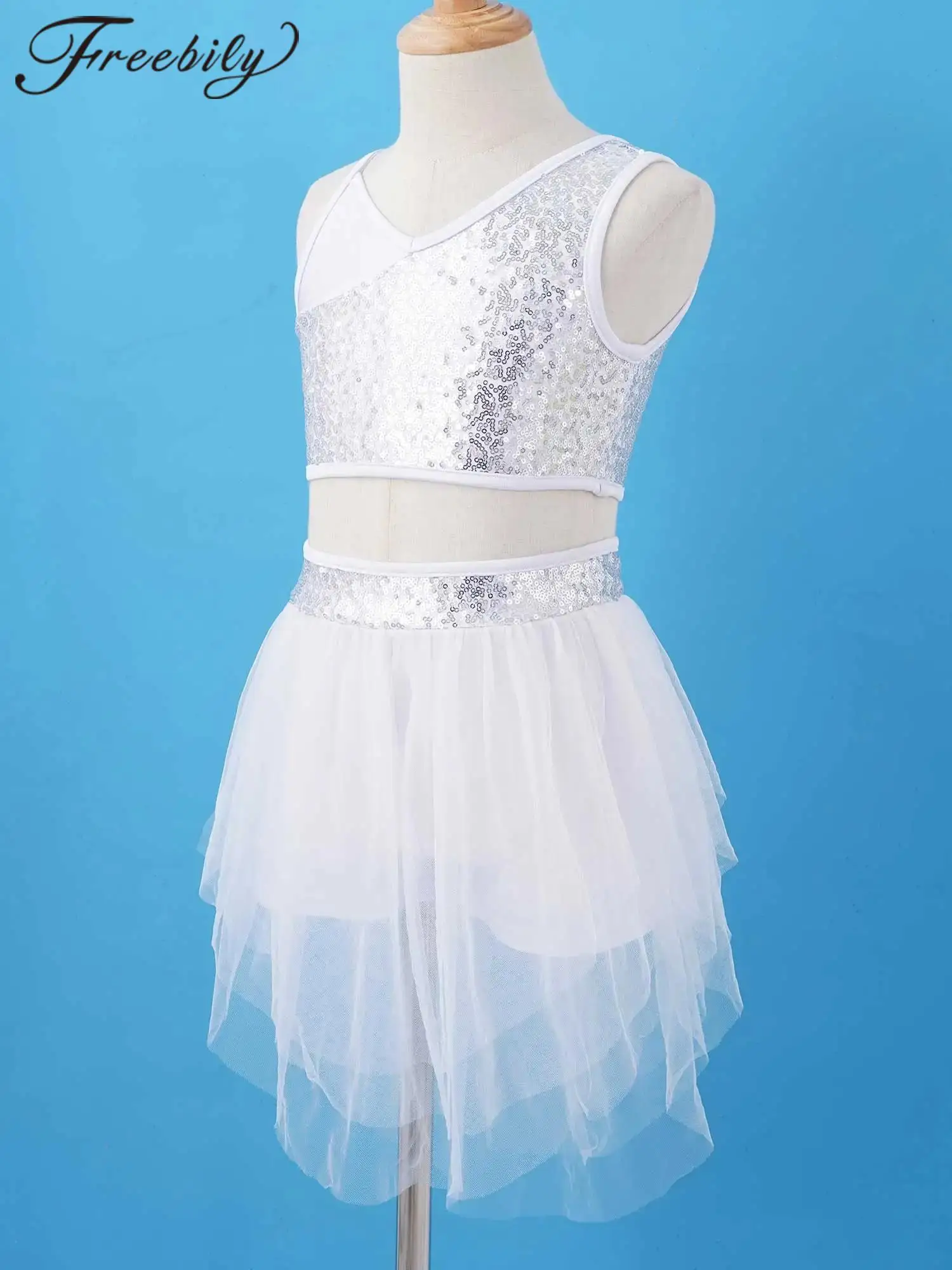 Meisjes Lyrische Danssets Balletjurk Kinderen Gymnastiekoutfit Competitie Uitvoeren Kostuum Pailletten Crop Top + Chiffon Rok