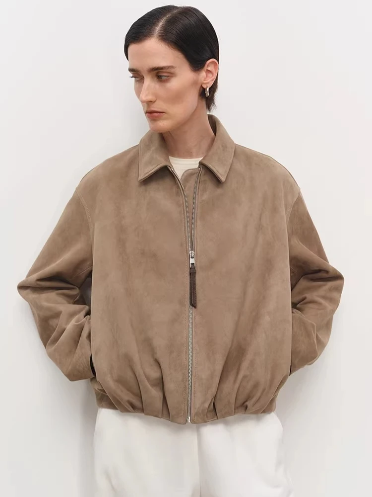 

Casual Short Genuine Leather Jackets for Women Spring Autumn 2026 New High-end Simple Loose Vintage Real Sheepskin Suede Coat