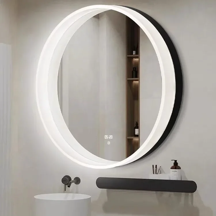 Modern Defogging Makeup Mirror Home Toilet Round Mirrors Smart Bathroom Mirror Solid Wood Round Wall Mounted Mirror with Shelf