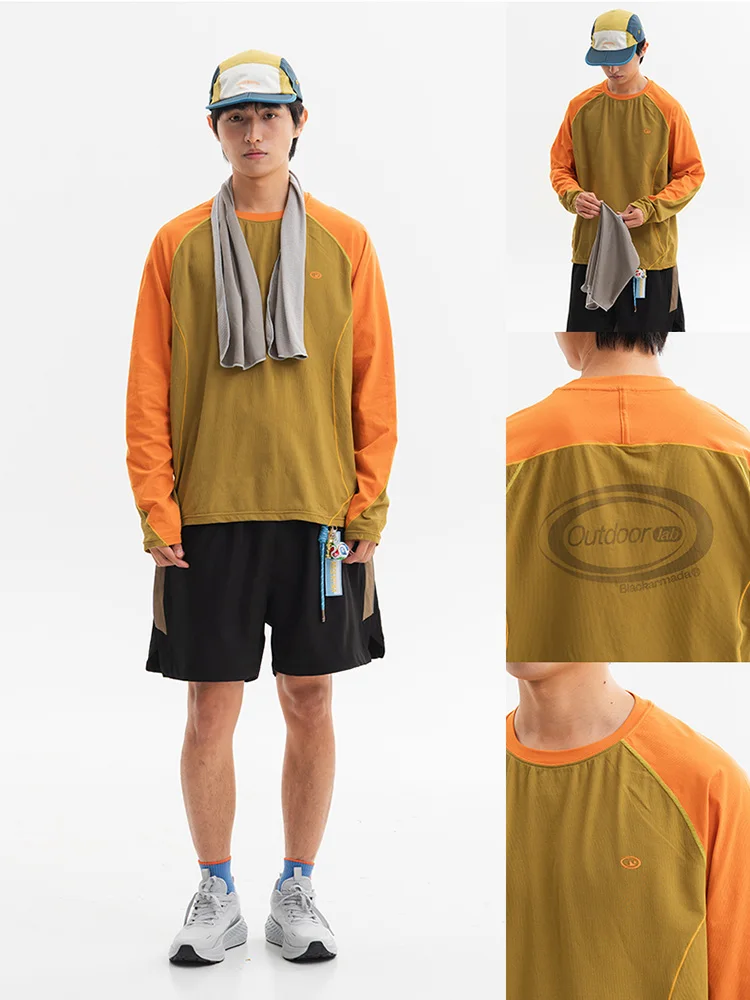 Light Outdoor Quick Dry Long Sleeve T-shirt Breathable Antibacterial Color Stitching Sports Top for Hiking City Walking Travel