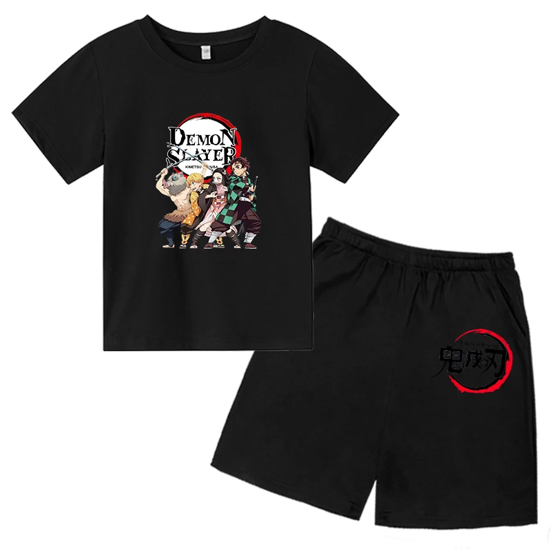 Summer 2Pcs Demon Slayer Children T-shirts Suits 2-12 Years Boys Girl Casual Tops Short Sleeve Cotton Clothes Sets Printing