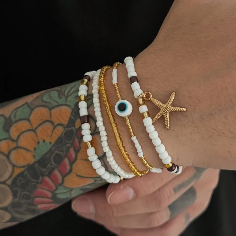 Ingemark 5 Pcs/Set Boho Seed Beads Chain Elastic Bracelet for Men Trendy Starfish Eye Pendant Charm Bangle Summer Beach Jewelry