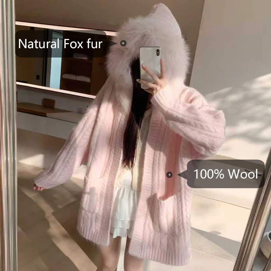 هوديي حقيقية الثعلب الفراء طوق البلوزات للمرأة سترة الكشمير المعنقة الخريف الشتاء نمط جديد سترات من فراء الكشمير