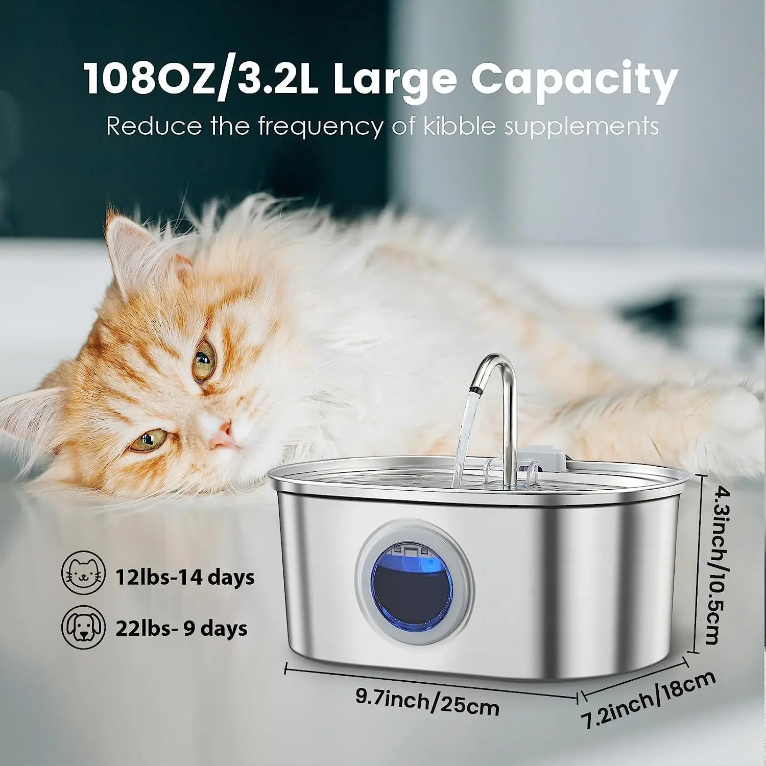 3.2L Stainless Steel Cat Water Fountain with sensor 108oz Super Quiet Pet Auto Filter USB Transparent Window Cat Water Dispenser