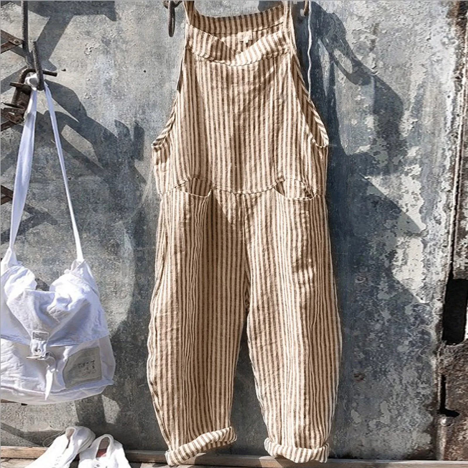 Macacão longo listrado feminino, macacão feminino com bolsos, roupa casual de férias, roupas femininas da moda, novo, verão, 2022