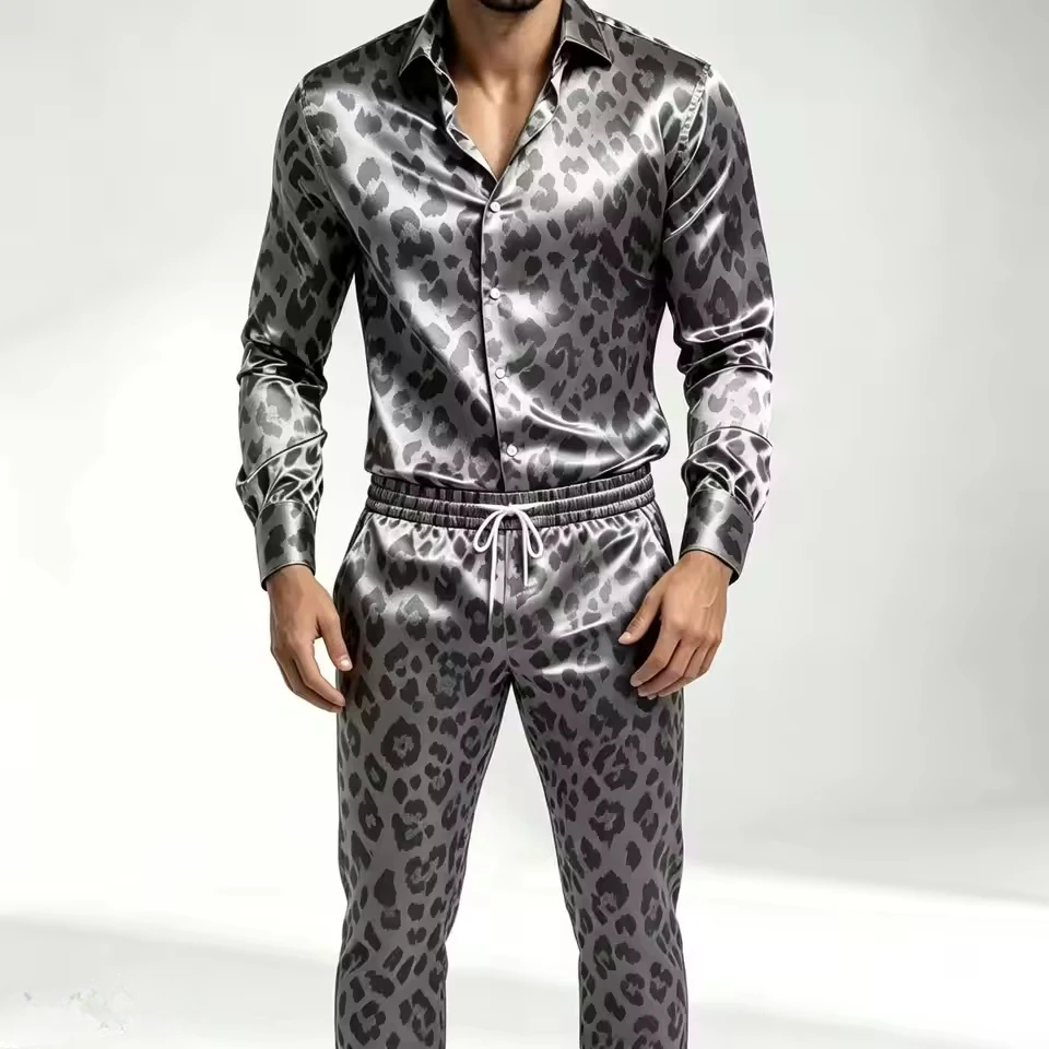 2026 New Men's Long Sleeved Two-Piece Leopard Print Silk Satin Shirt with Buttons, Elastic Pants, Casual Party Street Set view 3