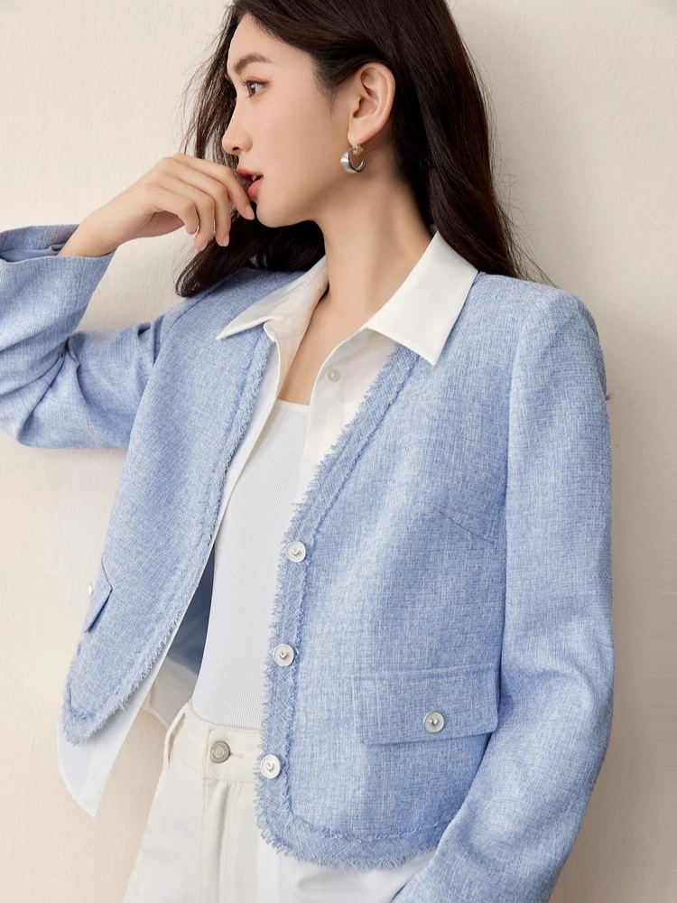 SENTUBILA Women's Short Coat Color-Block Paneled Mock-Two-Piece Coat 2025 Autumn Elegant Long-sleeve Fringed Jackets 153WA2087