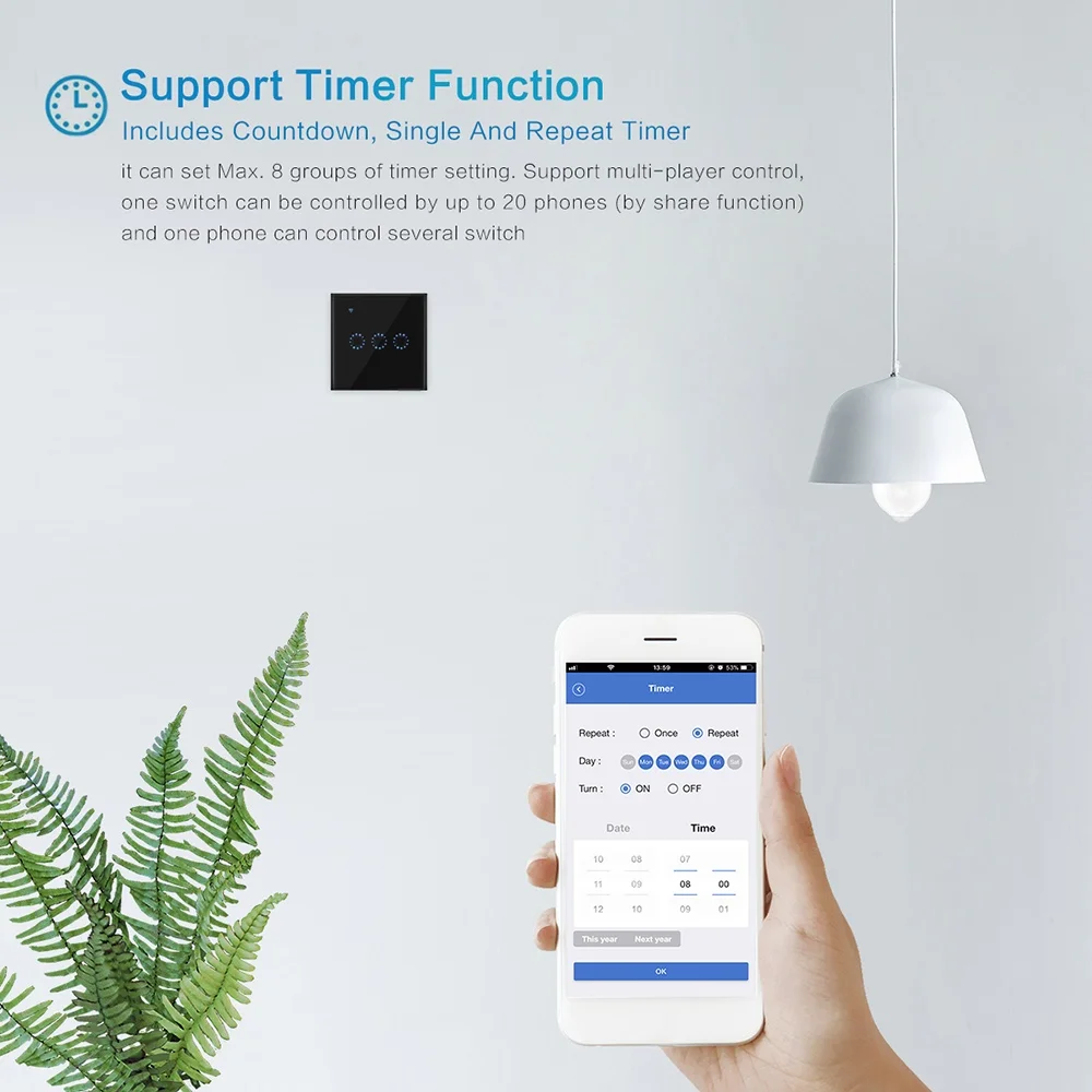 Wireless Switches WiFi Light Switch Smart Wall Compatible with Alexa Echo  Home Assistant Control  APP Touchable Light Switch Ph
