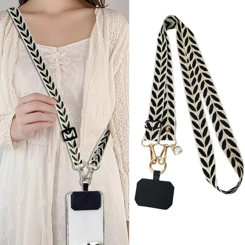 Cordon de téléphone portable réglable, long, à porter en bandoulière ou autour du cou, anti-perte, avec pendentif perle et joint universel