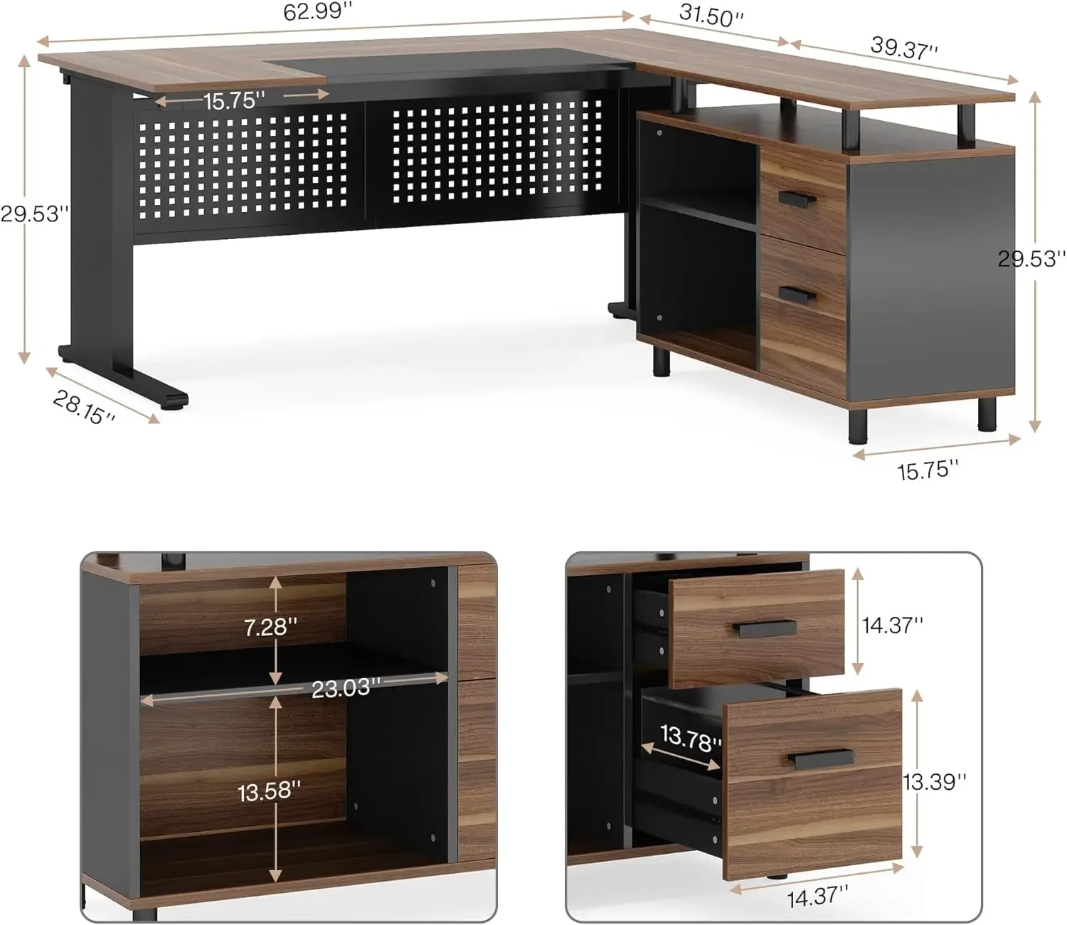 63 Inch Executive Desk with File Cabinet, Large Office Desk L Shaped Computer Desk with Drawers and Storage Shelves,