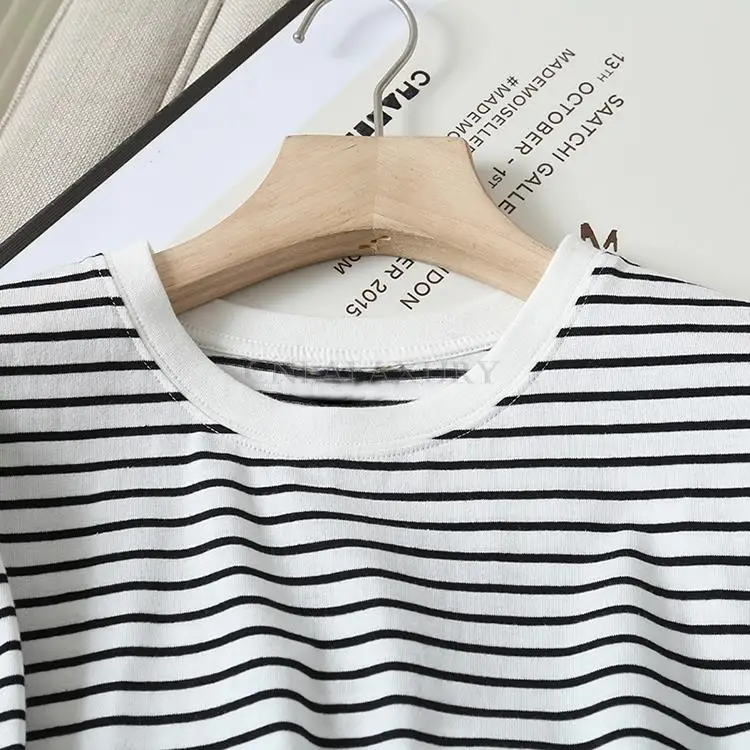 CNlalaxury 2022 Women Striped Cotton T Shirt Short Sleeve O Neck Tees Ladies Casual Chic Tee Shirt Street Wear Tops