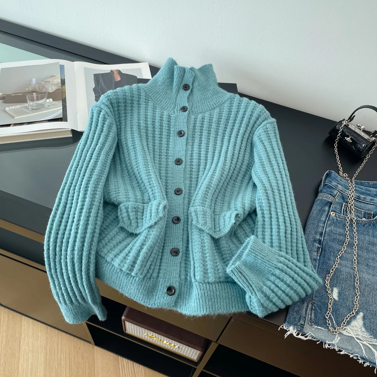 Women's Apricot Cozy Knit Cardigan Sweater Vintage 2000s Long Sleeves Turtleneck Cashmere Sweater Jacket Spring Autumn For Women