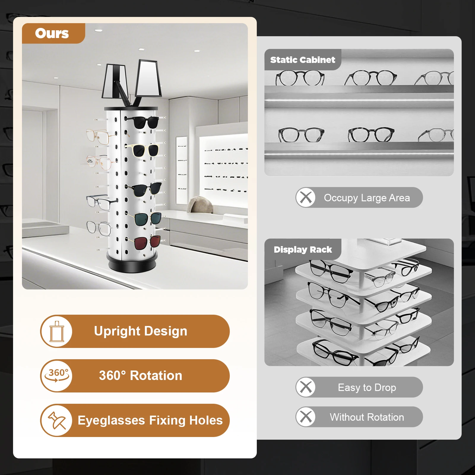 360° Rotating Eyeglasses Display Stand with 44 Holes & 2 Adjustable Mirrors, Floor Mount Optical Store Rack for Sunglasses - view 5