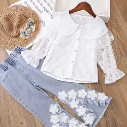 Girls' Flared Pants Spring and Autumn Trendy Denim Korean Stretch Pants+shirt Girls' Slim Fit Children's Distressed Jeans 4-13Y