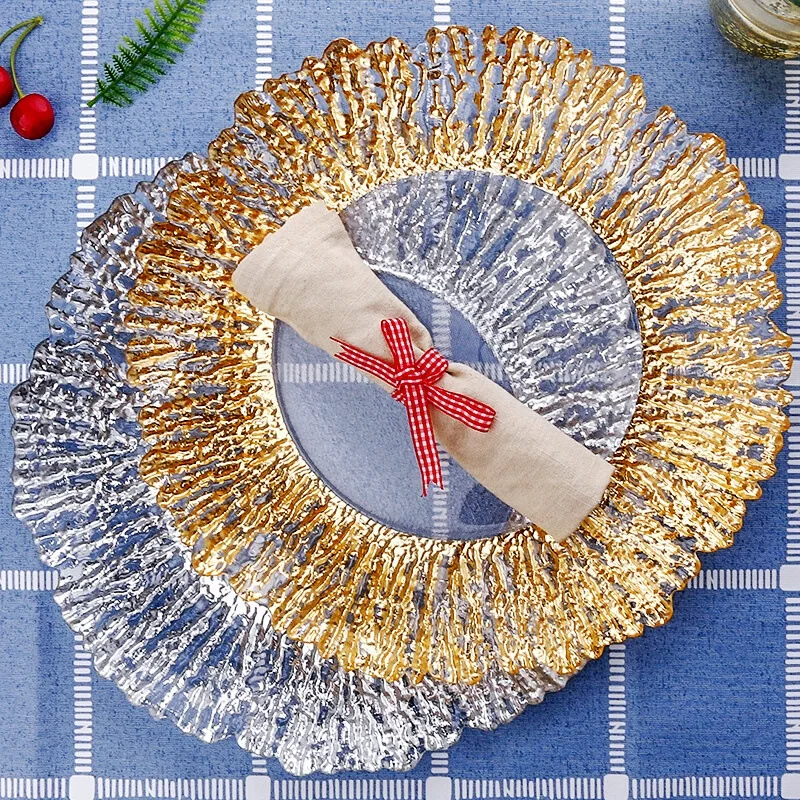 

Light Luxury Golden Sun Flower Clear Glass Plate Toast Dishes Salad Fruit Snack Tray Household Tableware Dinner Plate Tableware