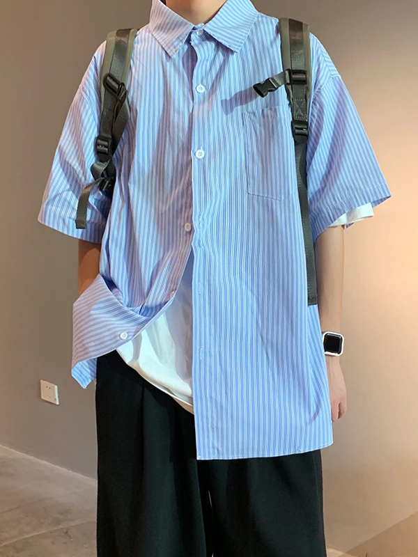 

Summer Thin Short Sleeve Striped Casual Shirt Men's Loose Fit Youth Trend Half Sleeve Top Fashionable Korean Hong Kong Style