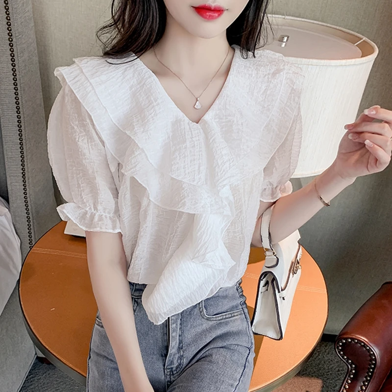 Vintage Summer Chiffon Blouses Women 2024 Elegant Korean Fashion White Ruffles Blusas Mujer Causal Loose Ladies Puff Sleeve Tops