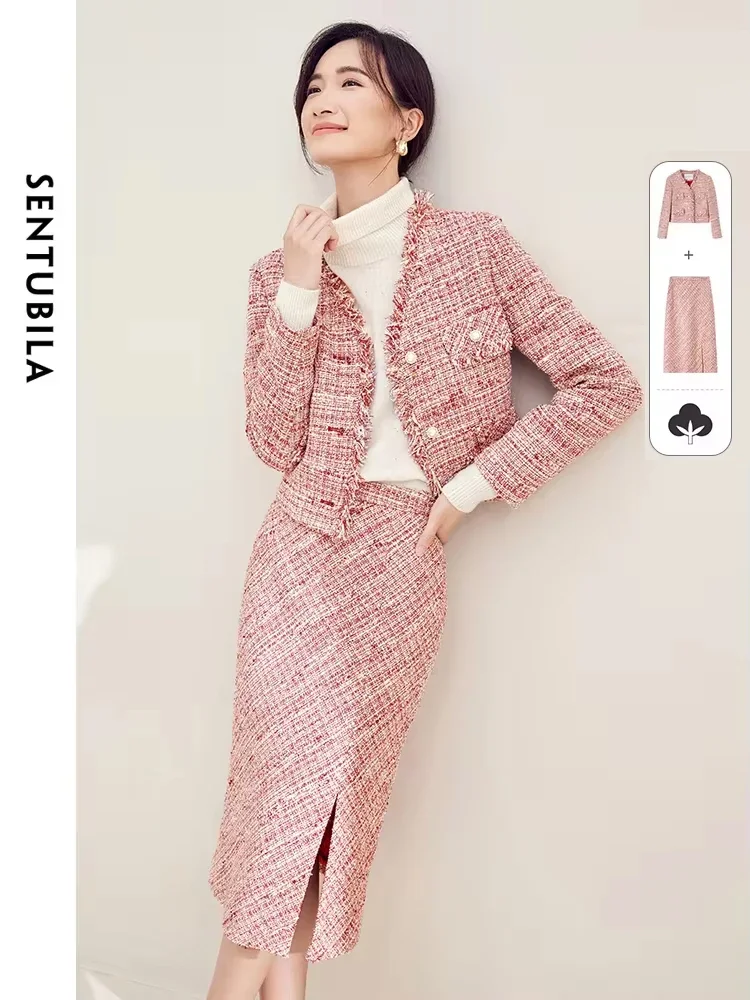 

SENTUBILA Элегантные твидовые комплекты женской одежды из 2 предметов, модная куртка с v-образным вырезом, юбки миди с разрезом, комплект из двух предметов, женская одежда 133Z50794