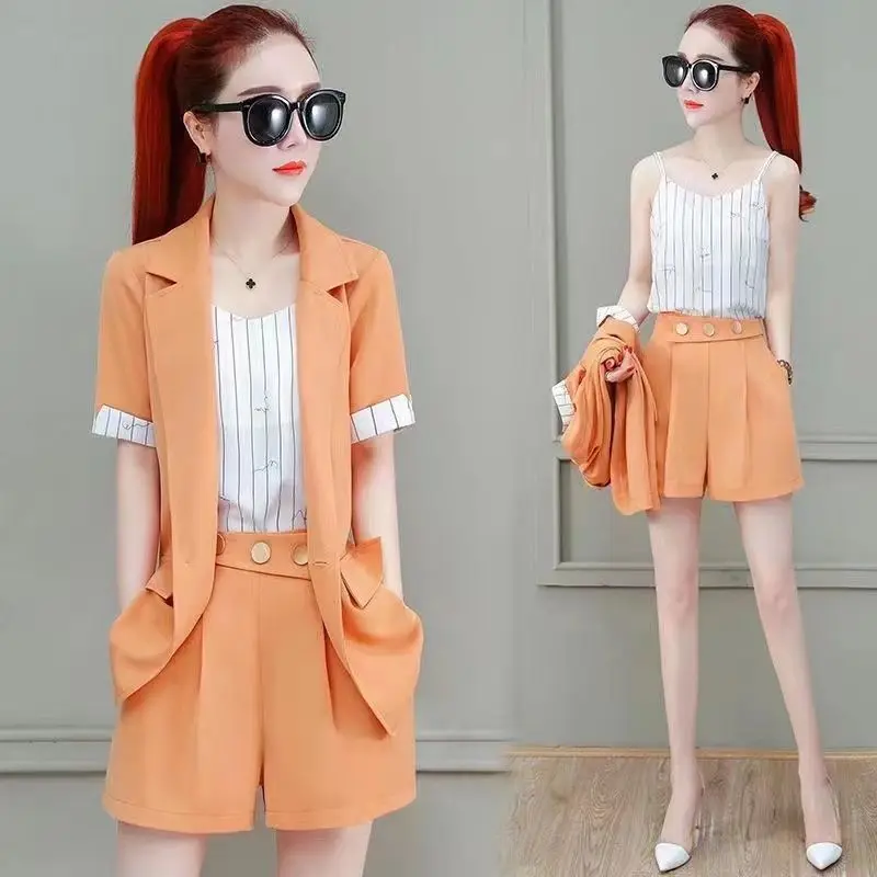 2026 New Style Small Suit Three Piece Set Summer High End Stylish Thin Fabric Petite Short Sleeve Shorts Suit Business Outfit
