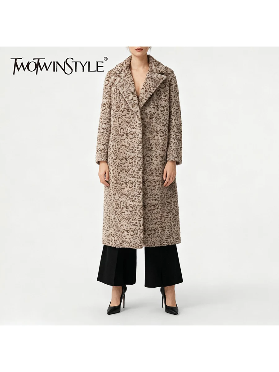 

TWOTWINSTYLE леопардовое свободное пальто с карманами, модные пальто для женщин, винтажное длинное пальто с лацканами и длинными рукавами, женская осенняя одежда
