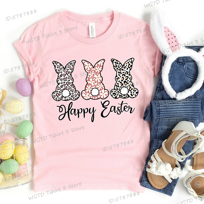 Happy Easter Bunny T-shirt Female Cute Rabbit Flower Leopard Print Womens Crew Neck Short Sleeve T-shirt Easter Day Matching Tee